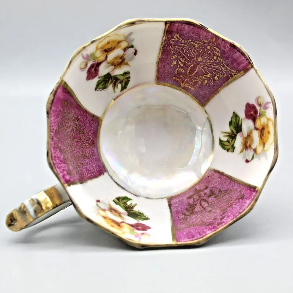 Lusterware Floral Cup & Saucer Set Pink Stripes Reticulated Saucer Vintage